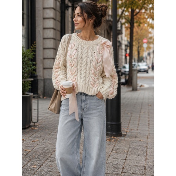 Love Shack Fancy Sweaters - LoveShackFancy Parson Pullover cable-knit Alpaca sweater Bow Accent Size S